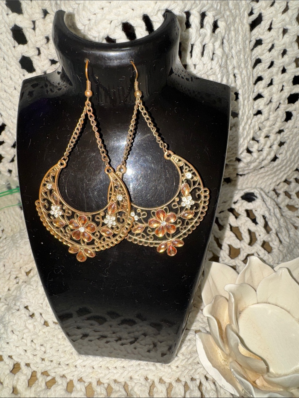 Gold Floral Filigree Drop Earrings with Amber Accents